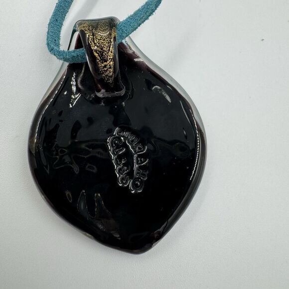 Murano Glass Necklace Pendant Black Teal Blue Green Aqua Art Deco 2" Leather - Picture 3 of 12